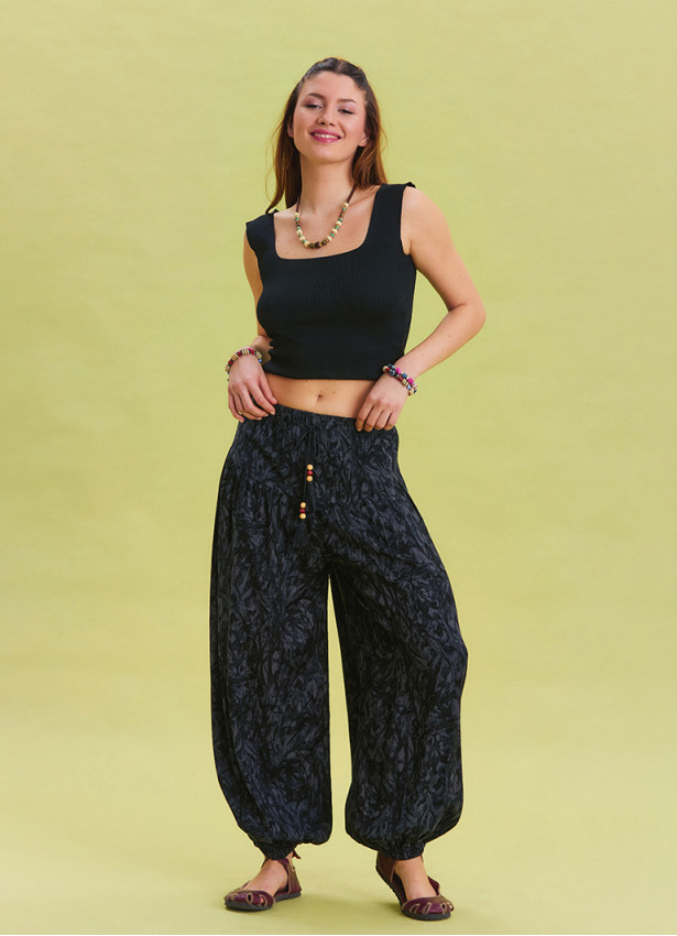 Elastic Waist Lace Detailed Anthracite Viscose Trousers 4539